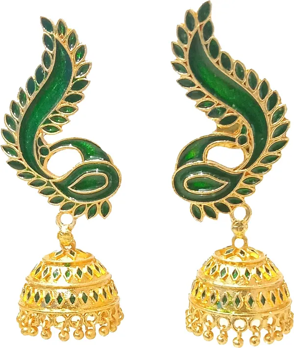Assamese_Traditional_Copper_Gold_Plated_Green_Colour_Jhumki_Earring_For_Girls_&_Women